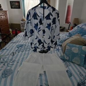 White Button-Front Top with Blue Floral Print